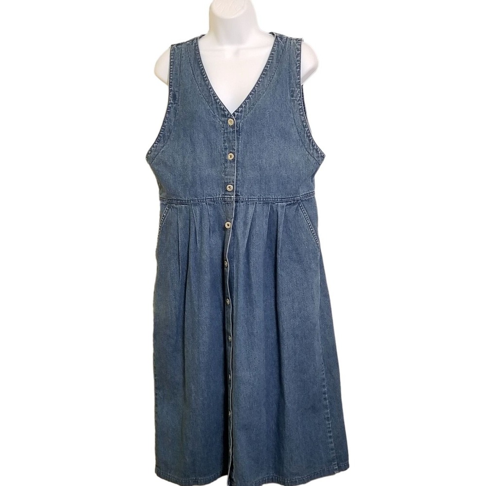 Premier International Womens Dress Size M Midi Denim Jumper Pockets Blue Button